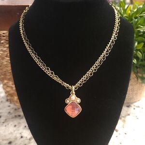 Goldtone Double Chain Necklace with Pink Pendant